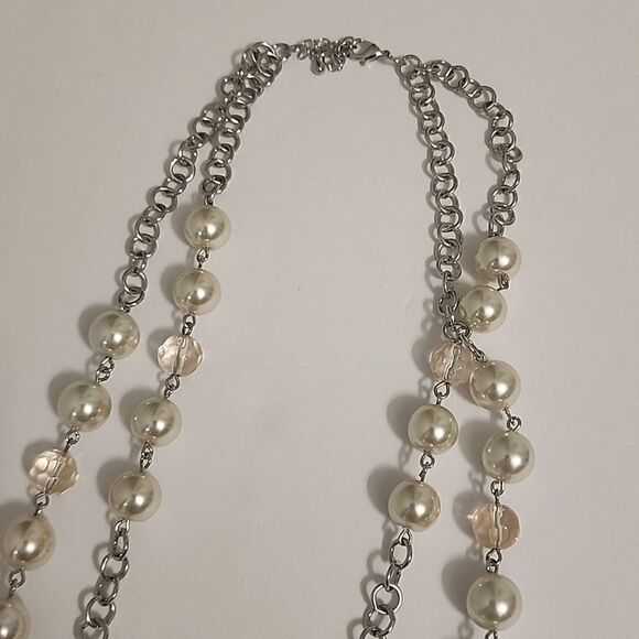 Layered Womens Necklace Faux White Pearl Pink Crystal Multifaceted Beads Chain - Picture 3 of 4